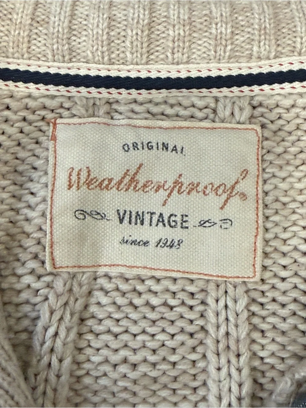 Weatherproof Vintage Sweater Men’s Large Oatmeal Cable Knit Button Mock Neck